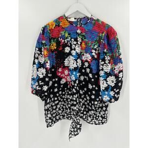 Montage Vintage Blouse Womens Medium Black Multicolor Floral Tie Knot Keyhole